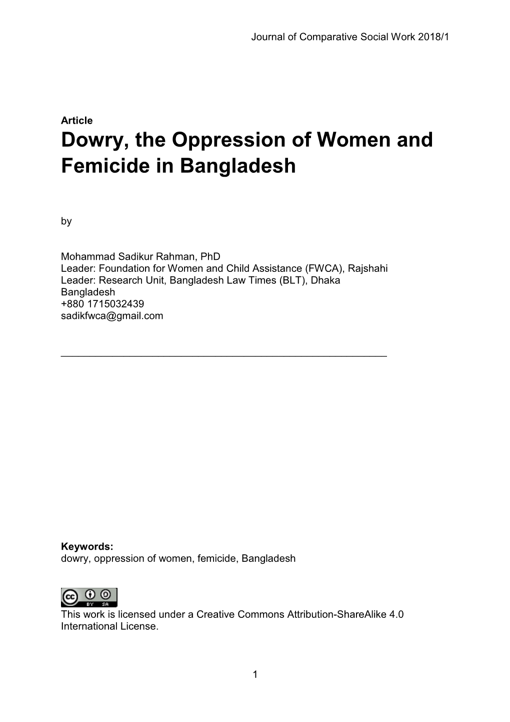 Dowry, the Oppression of Women and Femicide in Bangladesh