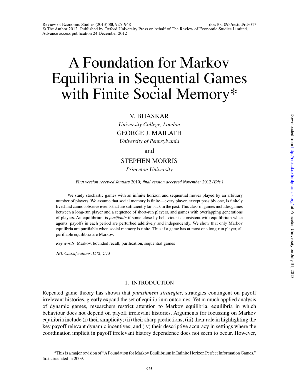 A Foundation for Markov Equilibria in Sequential Games with Finite Social Memory*