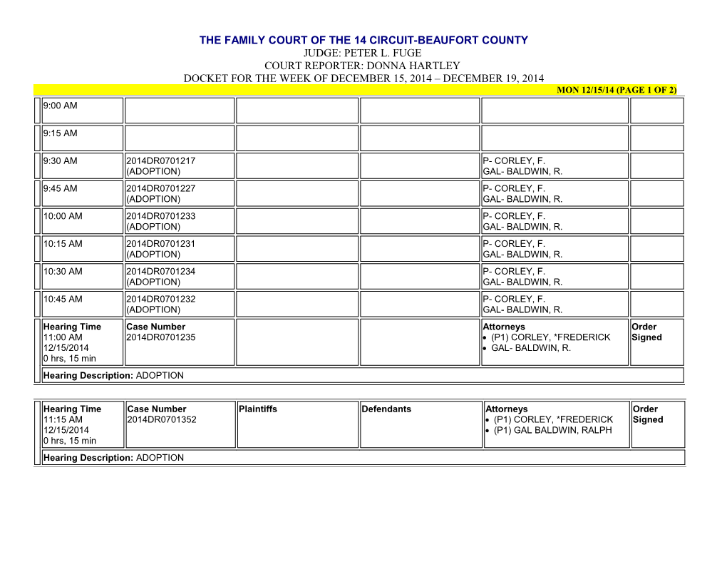 Docket for the Week of December 15, 2014 December 19, 2014