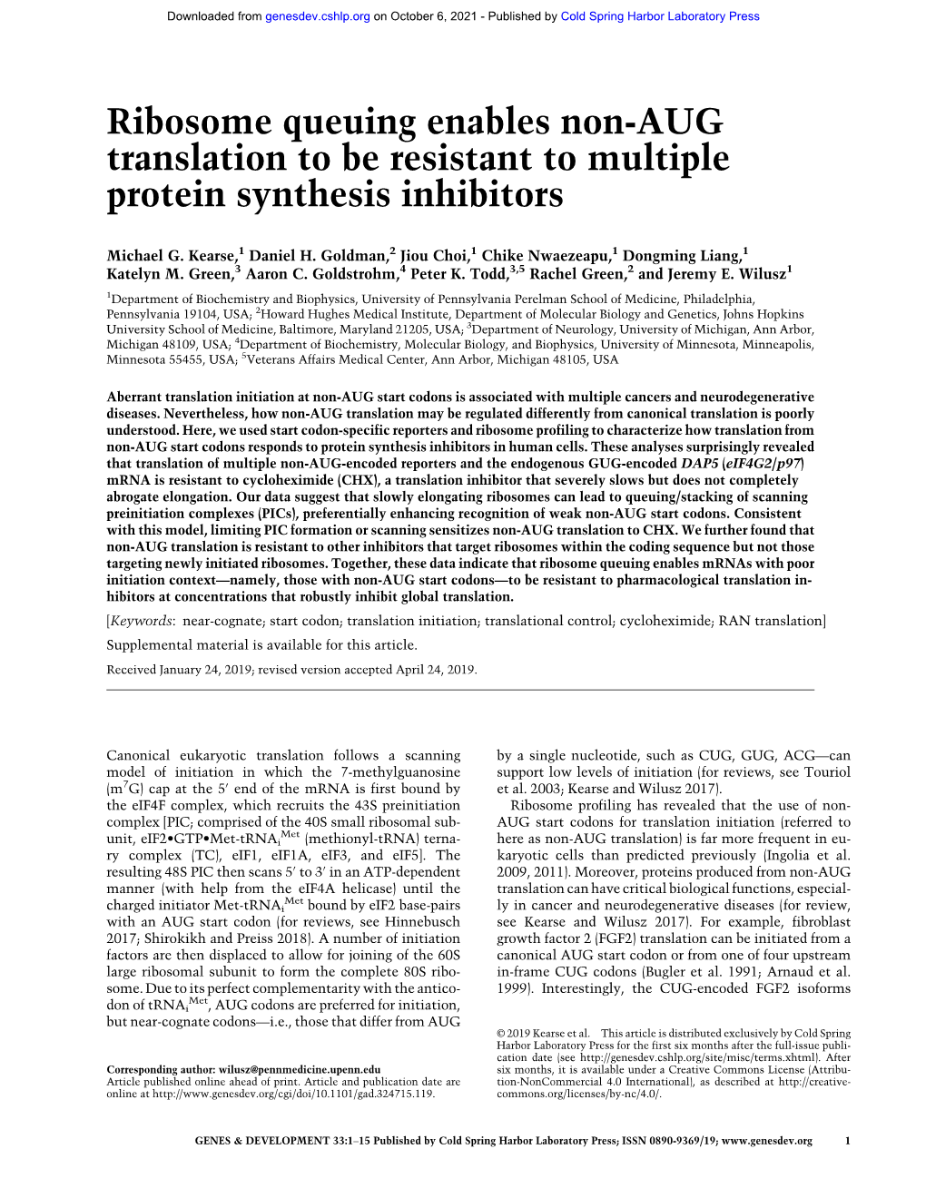 Ribosome Queuing Enables Non-AUG Translation to Be Resistant to Multiple Protein Synthesis Inhibitors