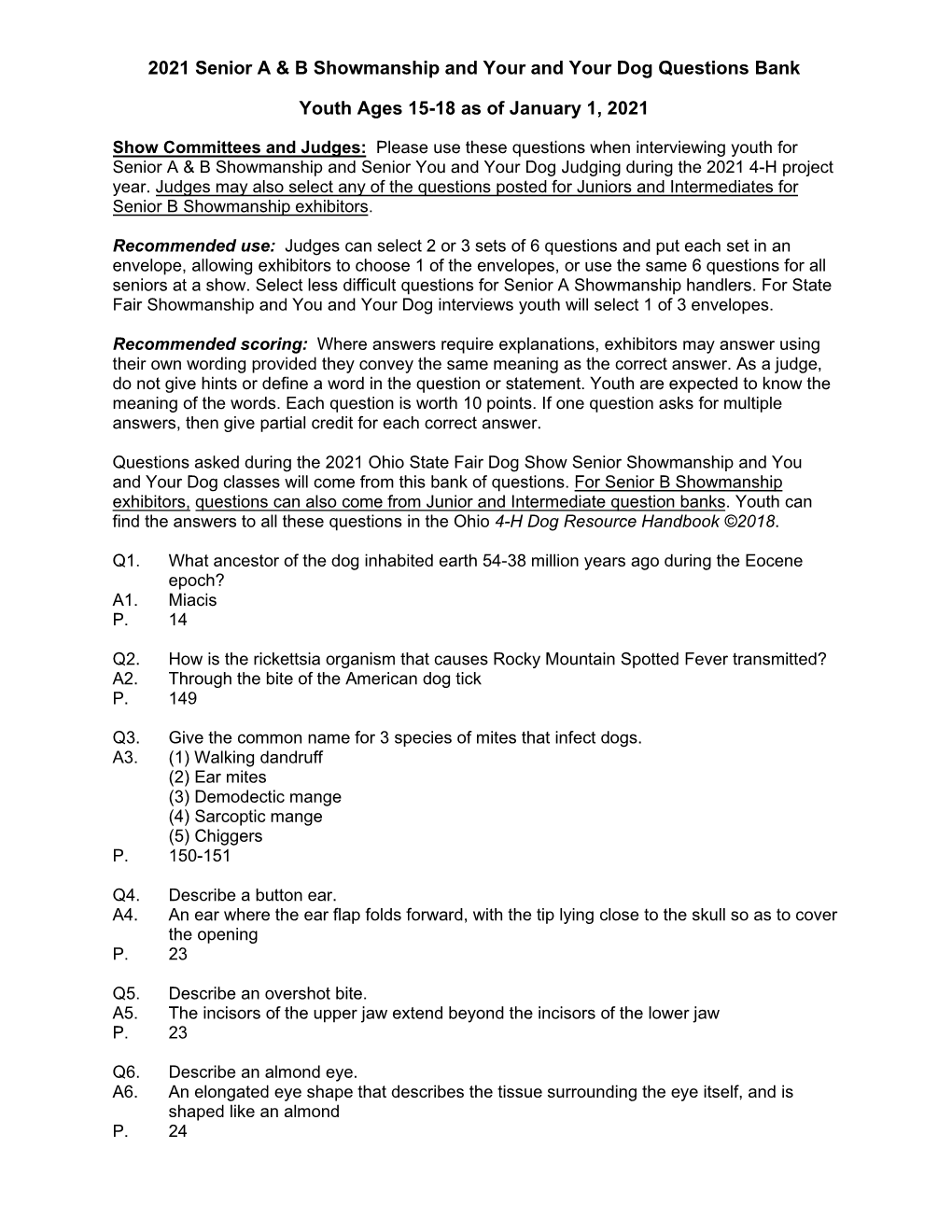 2021 Senior a & B Showmanship and Your and Your Dog Questions Bank