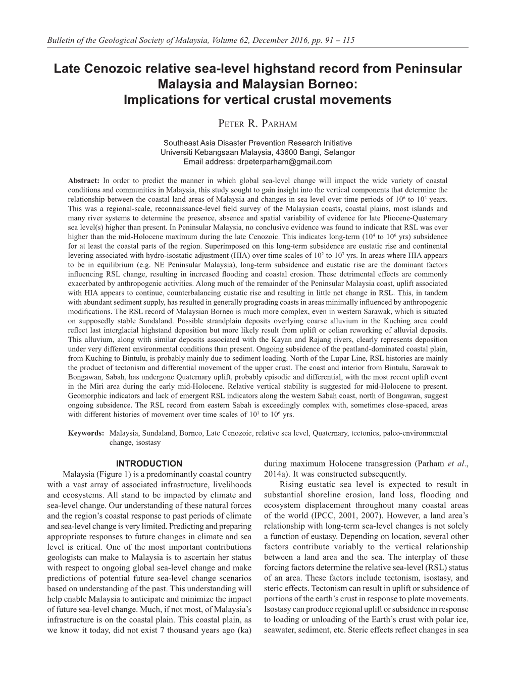 Late Cenozoic Relative Sea-Level Highstand Record from Peninsular Malaysia and Malaysian Borneo: Implications for Vertical Crustal Movements