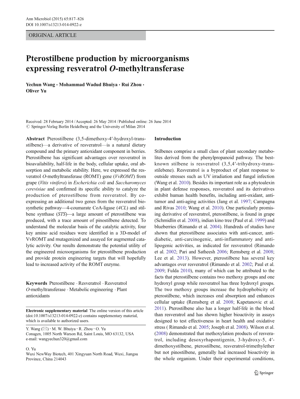 Pterostilbene Production by Microorganisms Expressing Resveratrol O-Methyltransferase