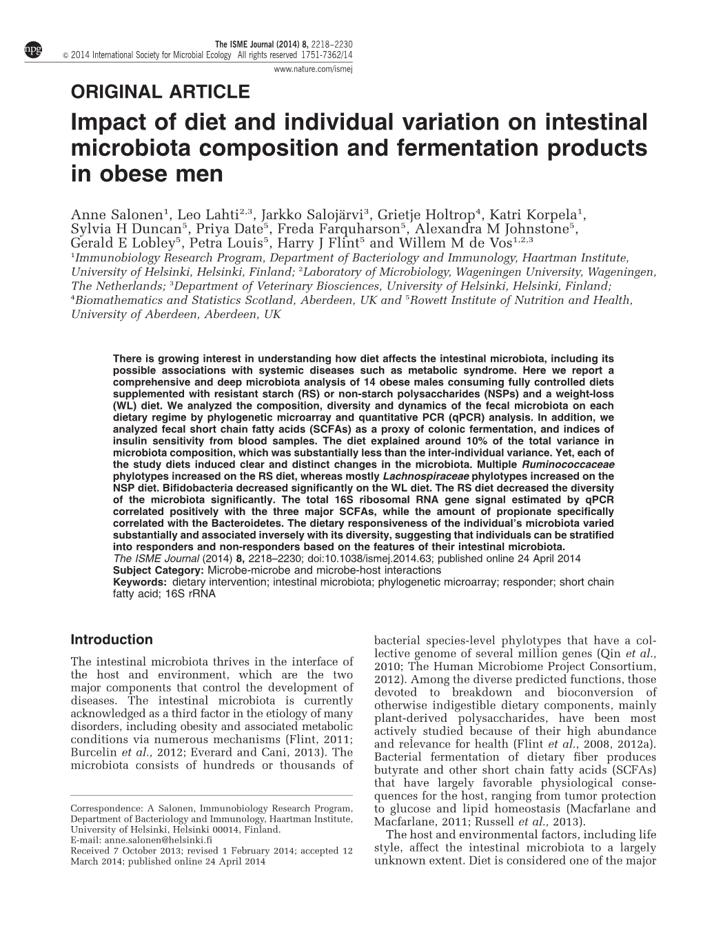 Impact of Diet and Individual Variation on Intestinal Microbiota Composition and Fermentation Products in Obese Men