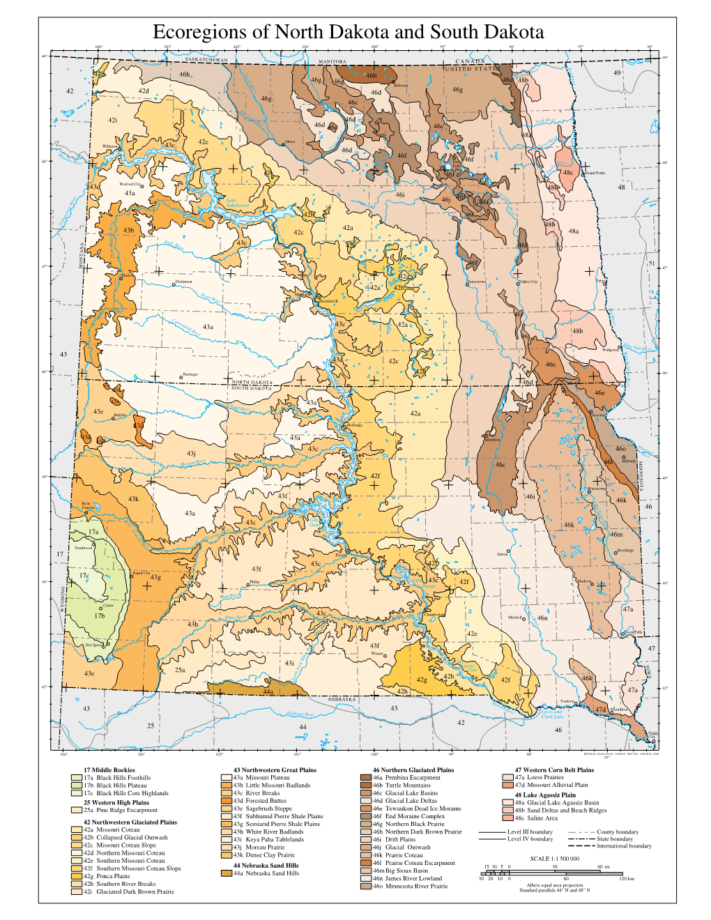 Ecoregions of North Dakota and South Dakota 104° 103° 102° 101° 100° 99° 98° 97° 96°