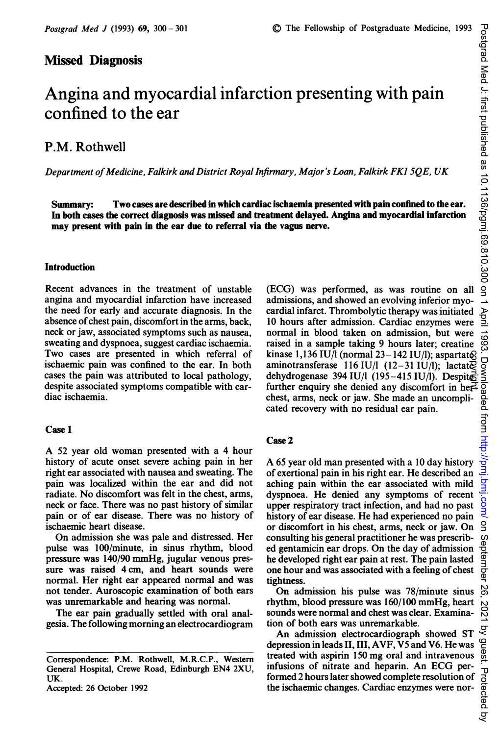 Angina and Myocardial Infarction Presenting with Pain Confined to the Ear P.M