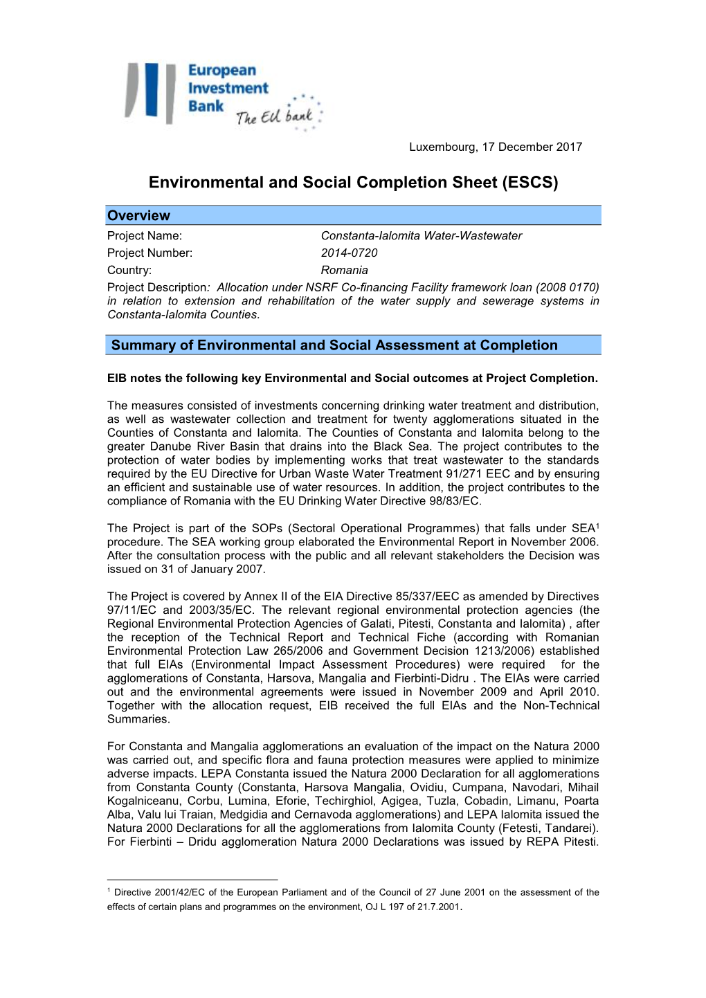 Environmental and Social Data Sheet