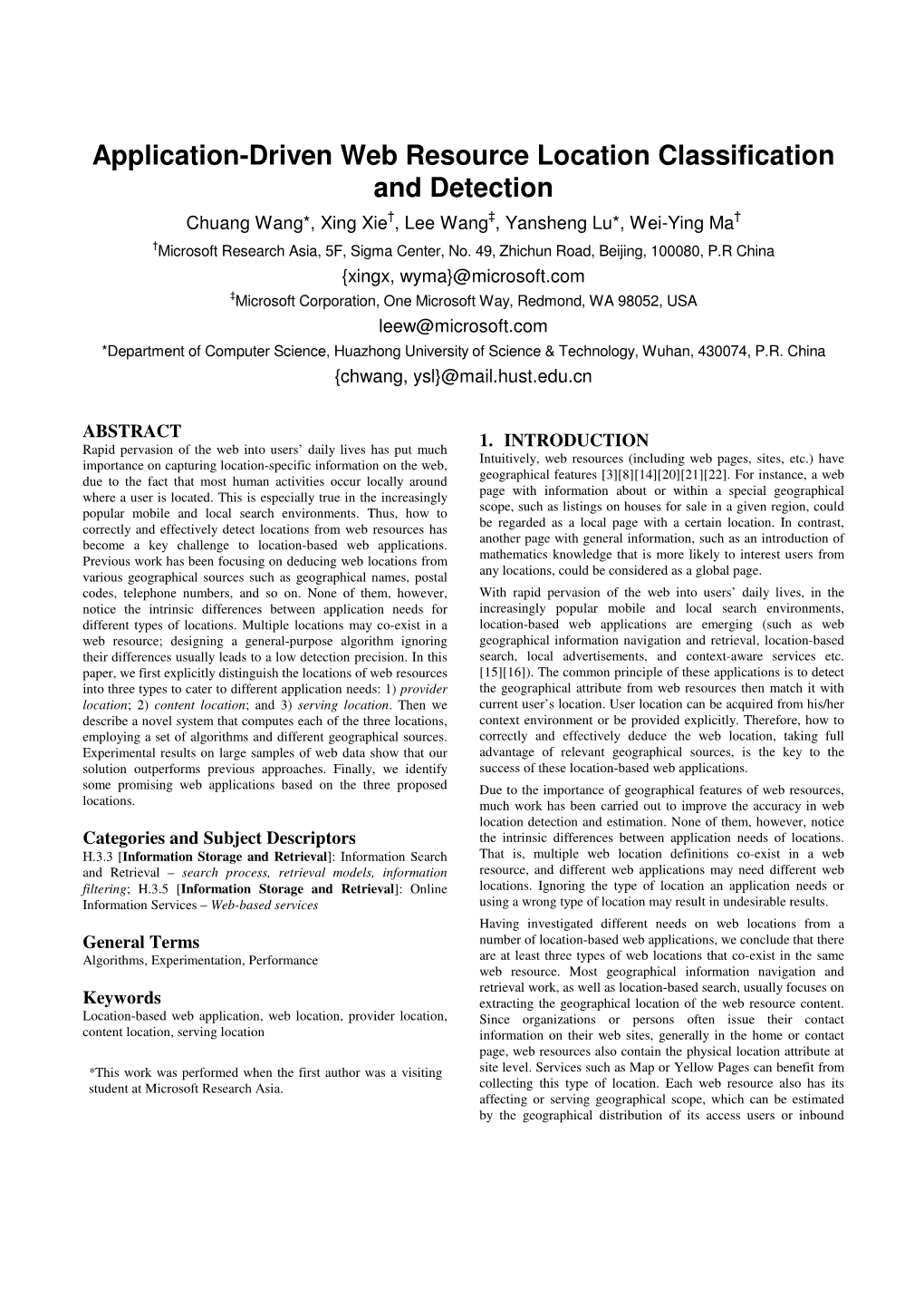 Application-Driven Web Resource Location Classification and Detection