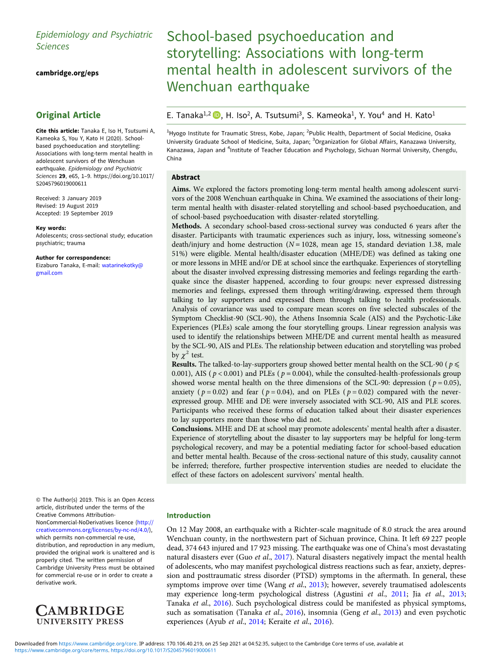 School-Based Psychoeducation and Storytelling: Associations with Long-Term Mental Health in Adolescent Survivors of the Wenchuan