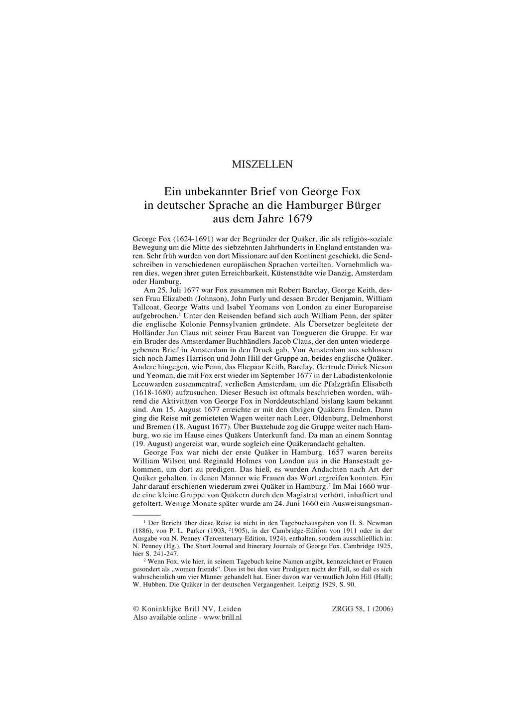 Ein Unbekannter Brief Von George Fox in Deutscher Sprache an Die Hamburger Bürger Aus Dem Jahre 1679