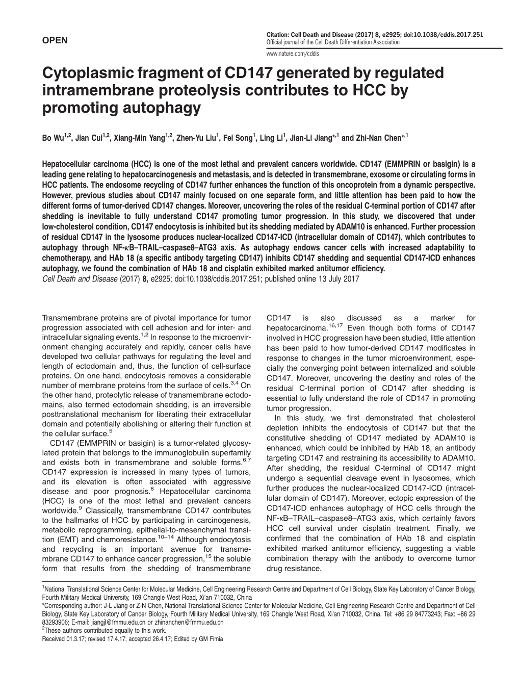 Cytoplasmic Fragment of CD147 Generated by Regulated Intramembrane Proteolysis Contributes to HCC by Promoting Autophagy