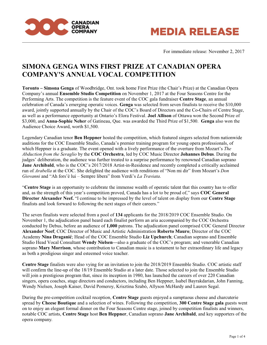 Simona Genga Wins First Prize at Canadian Opera Company's Annual Vocal Competition