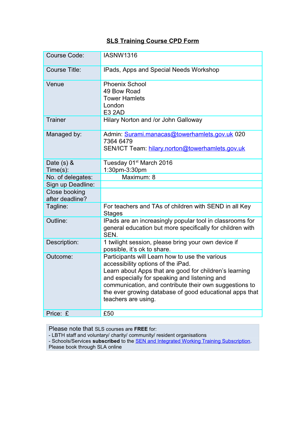 SLS Training Course CPD Form