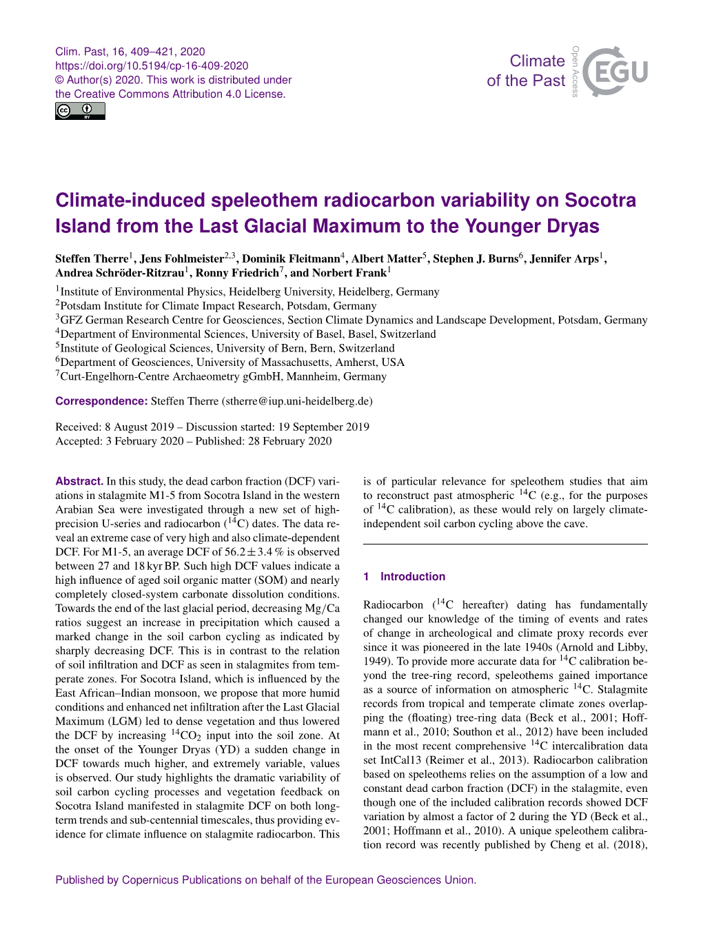 Climate-Induced Speleothem Radiocarbon Variability on Socotra Island from the Last Glacial Maximum to the Younger Dryas