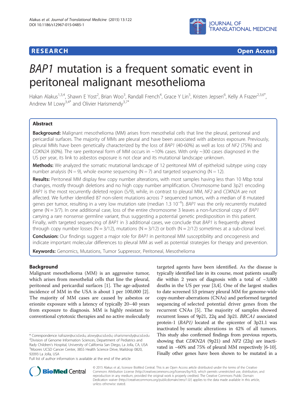 BAP1 Mutation Is a Frequent Somatic Event in Peritoneal Malignant
