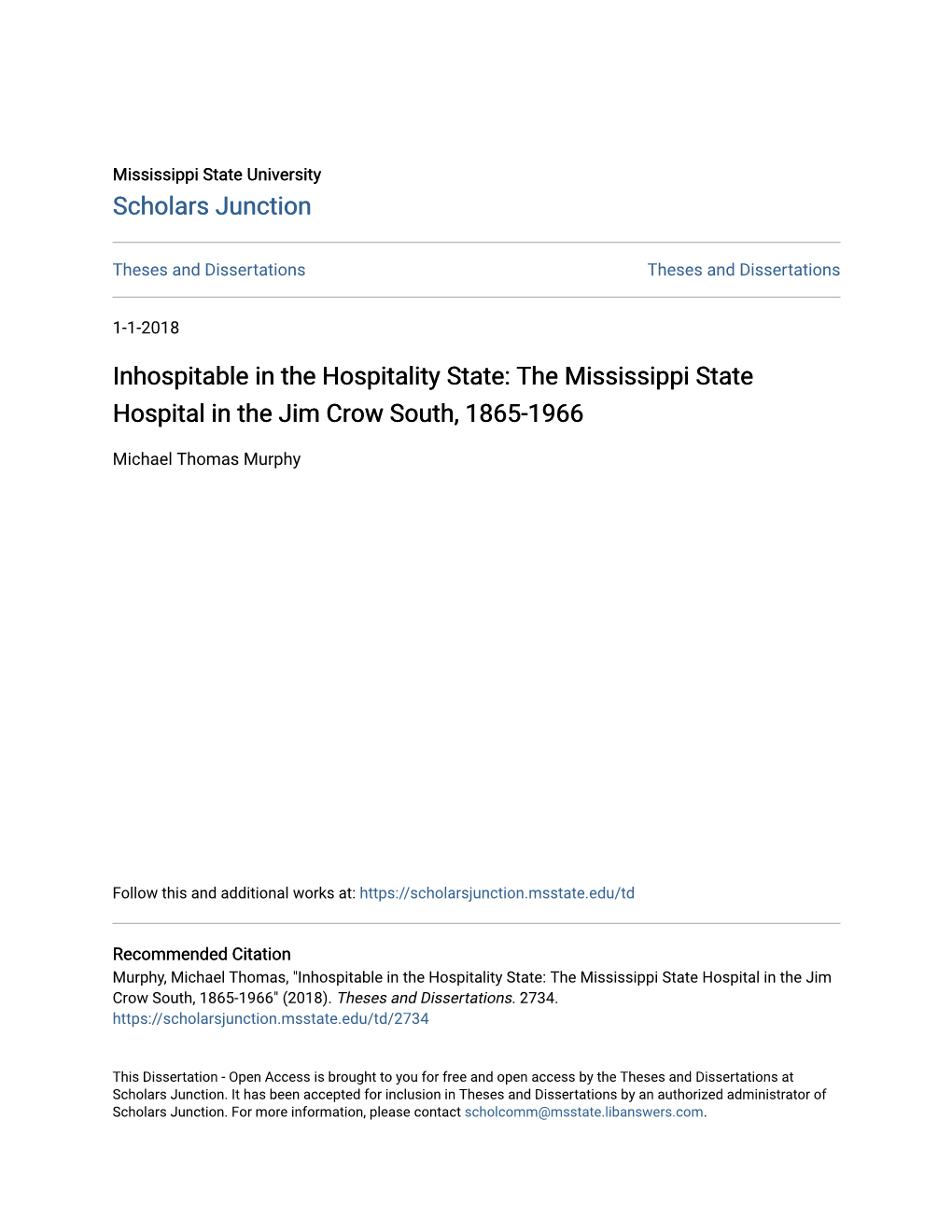 The Mississippi State Hospital in the Jim Crow South, 1865-1966