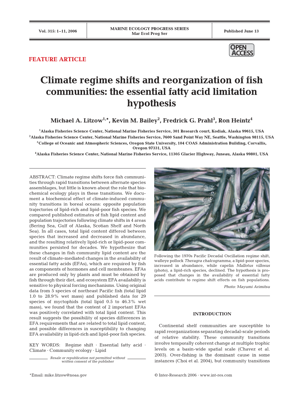 Climate Regime Shifts and Reorganization of Fish Communities: the Essential Fatty Acid Limitation Hypothesis