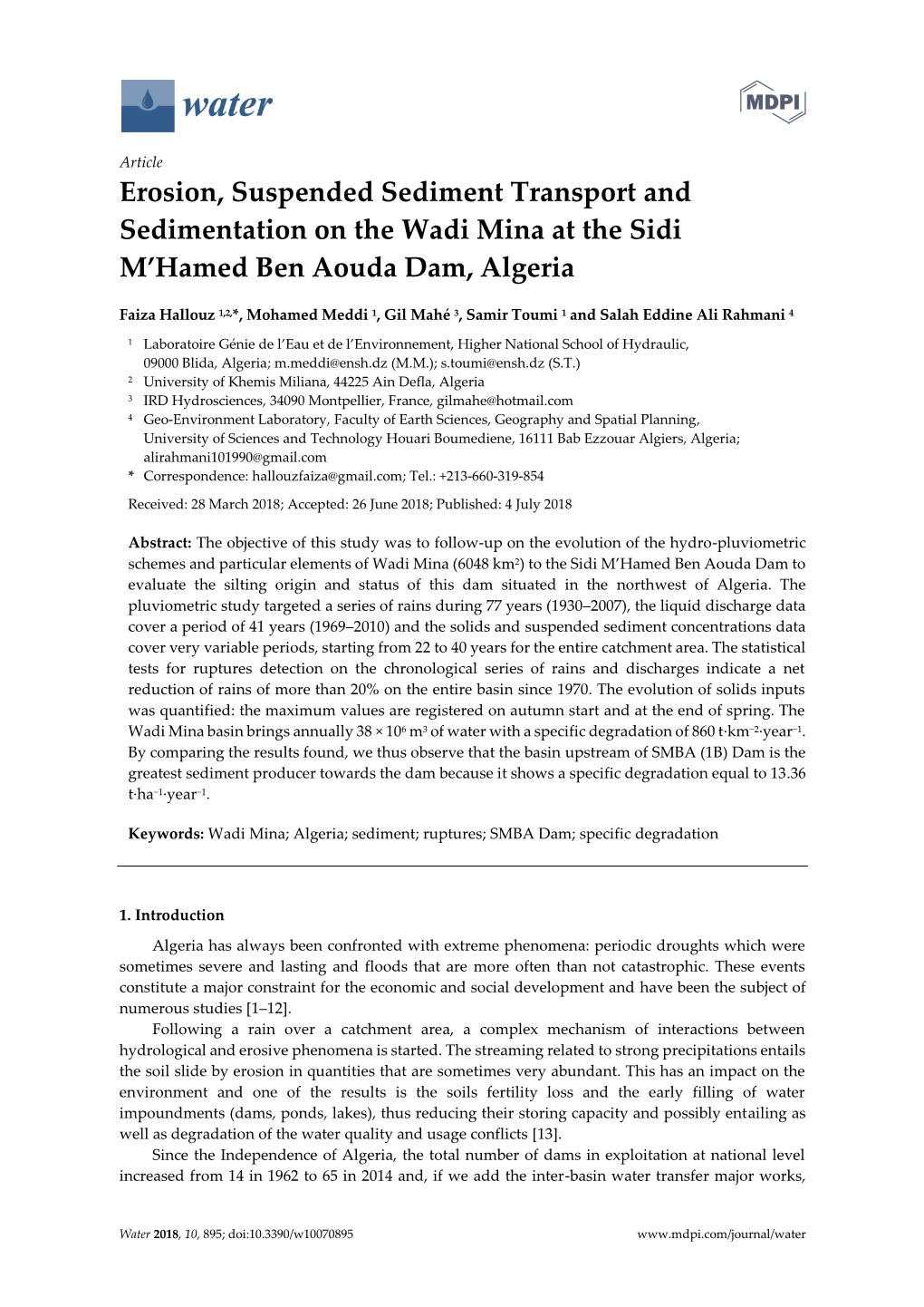 Erosion, Suspended Sediment Transport and Sedimentation on the Wadi Mina at the Sidi M’Hamed Ben Aouda Dam, Algeria