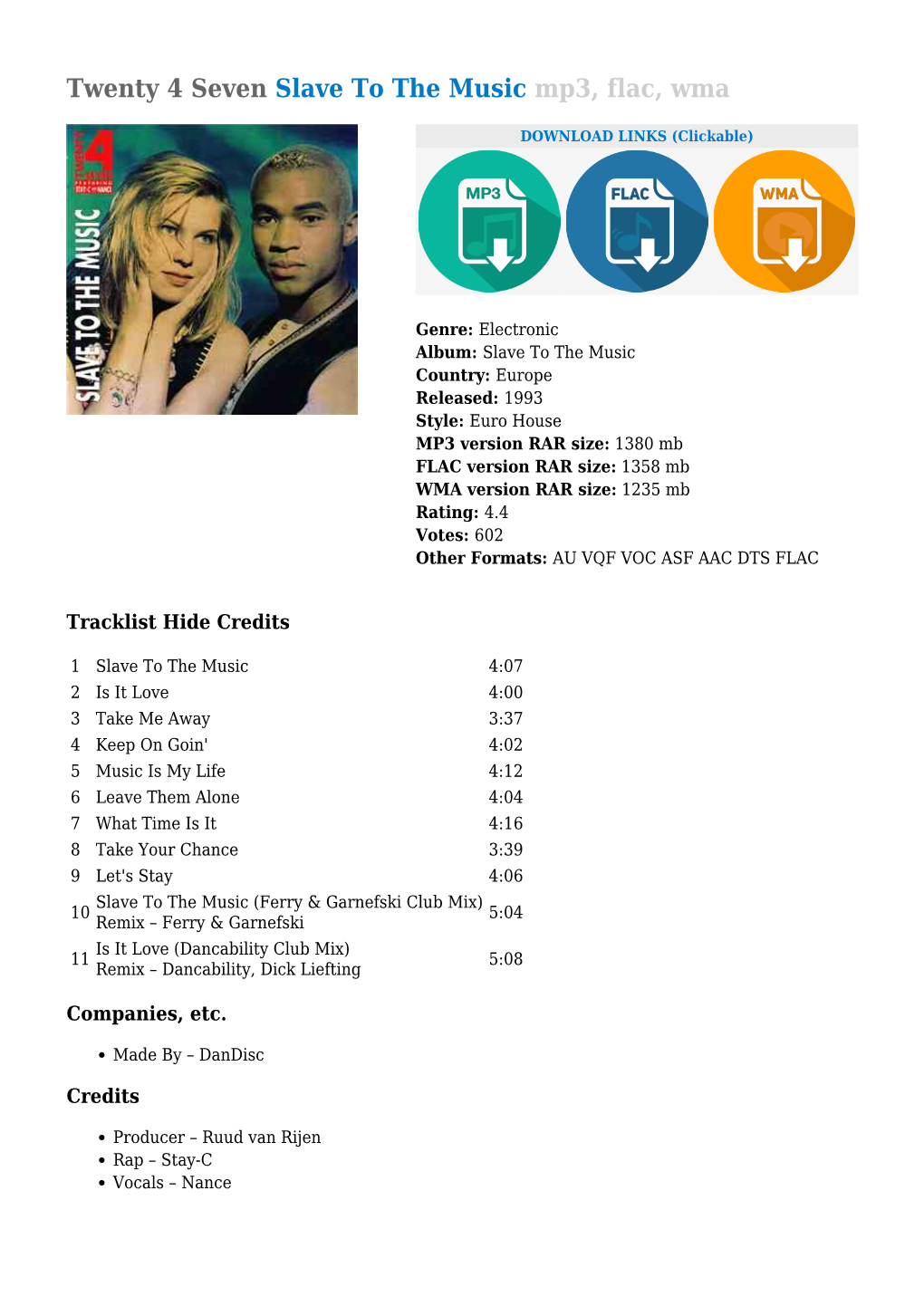 Twenty 4 Seven Slave to the Music Mp3, Flac, Wma