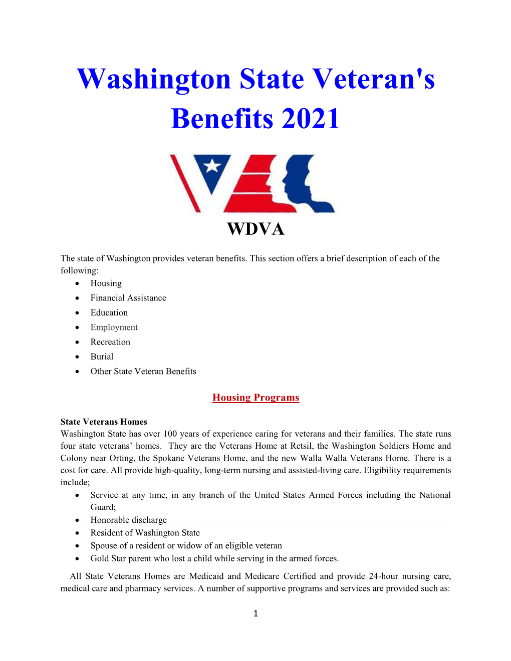 Washington State Veteran's Benefits 2021