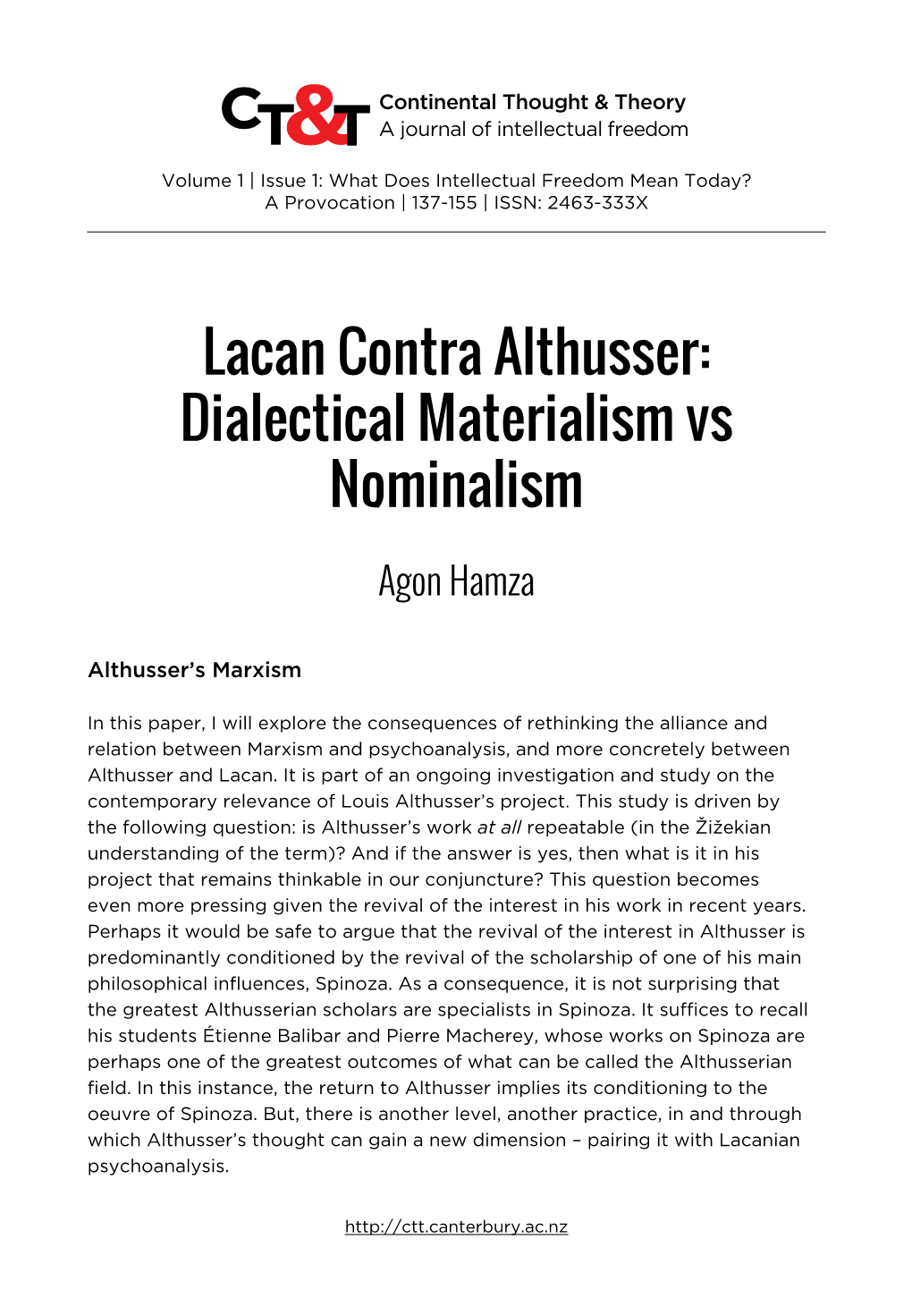 Lacan Contra Althusser: Dialectical Materialism Vs Nominalism