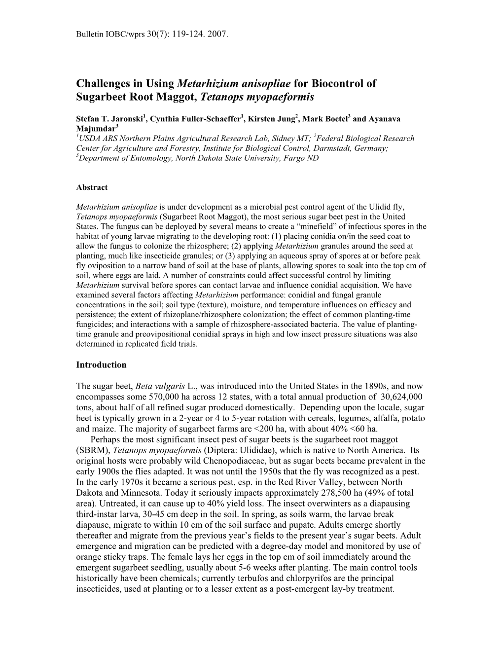 Challenges in Using Metarhizium Anisopliae for Biocontrol of Sugarbeet Root Maggot, Tetanops Myopaeformis