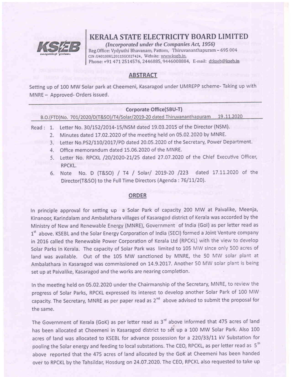 IGRALA STATE ELECTRICITY BOARD LIMITED (Incorporateil Under the Companies Act' 1956) Reg,Office: Vydyuthi Bhavanam, Pattom, Thiruvananthapuram - 695 004