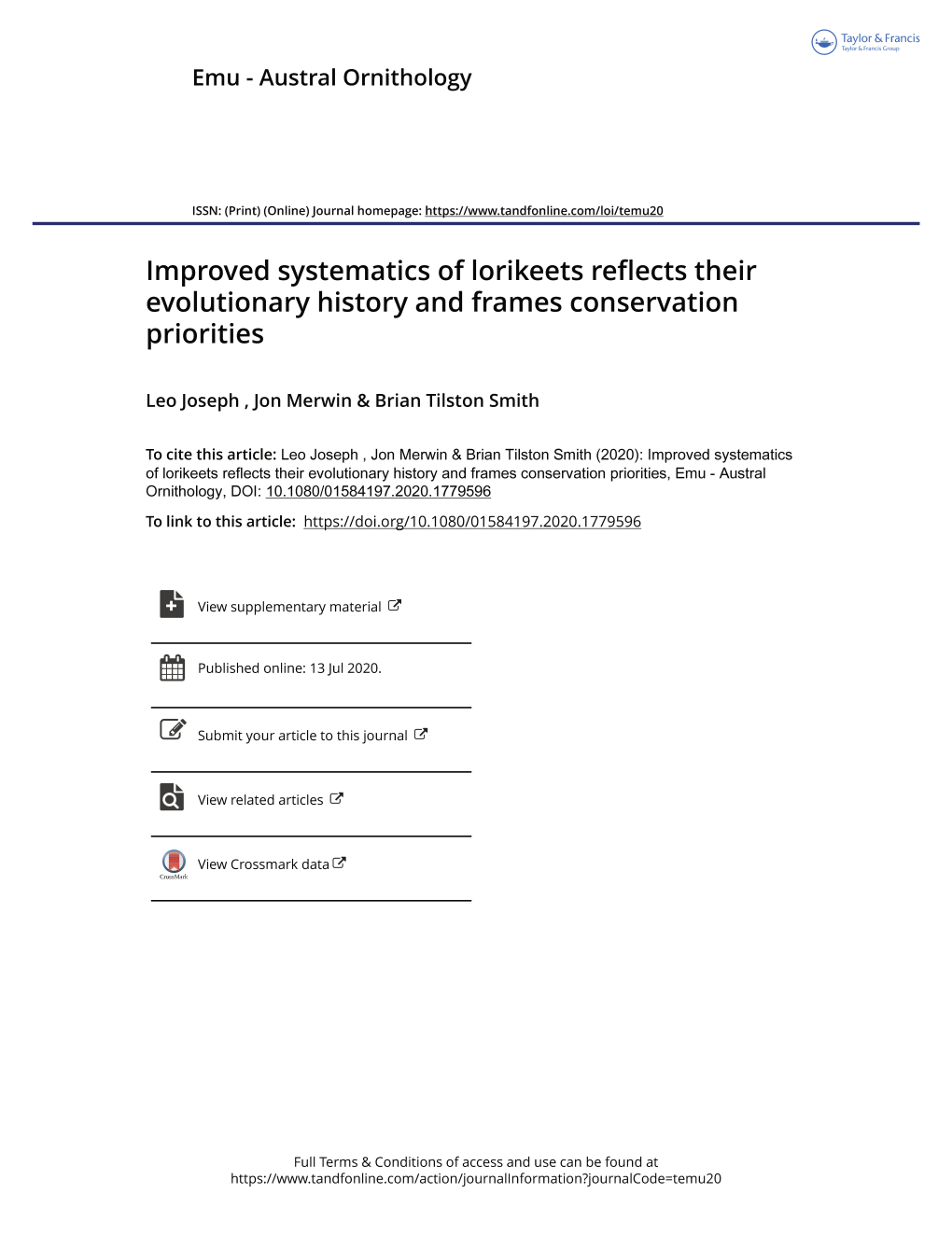 Improved Systematics of Lorikeets Reflects Their Evolutionary History