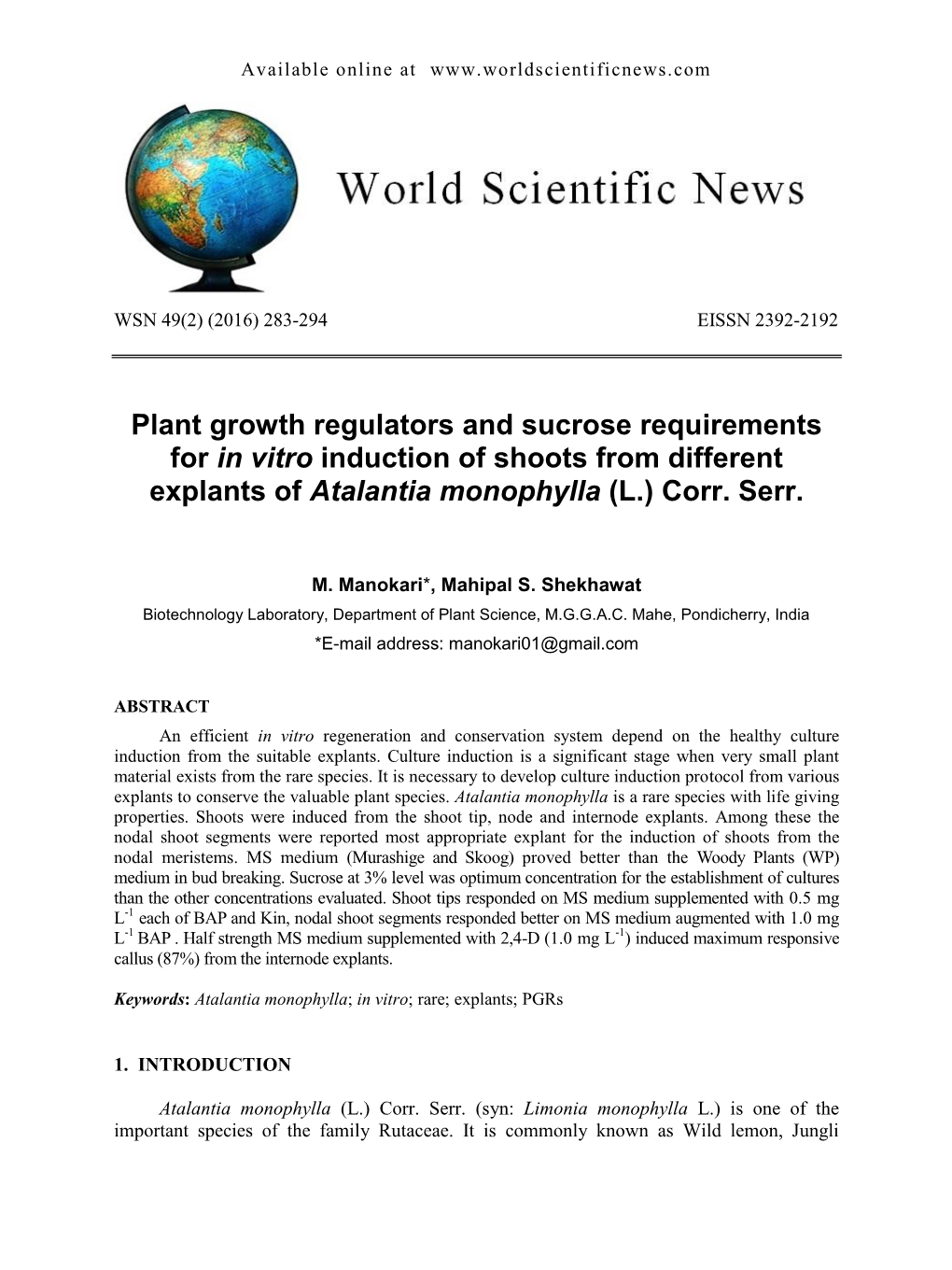 Plant Growth Regulators and Sucrose Requirements for in Vitro Induction of Shoots from Different Explants of Atalantia Monophylla (L.) Corr