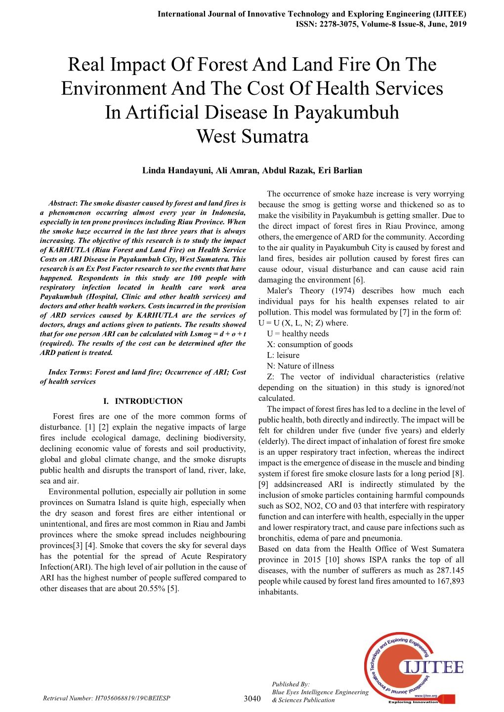 Real Impact of Forest and Land Fire on the Environment and the Cost of Health Services in Artificial Disease in Payakumbuh West Sumatra