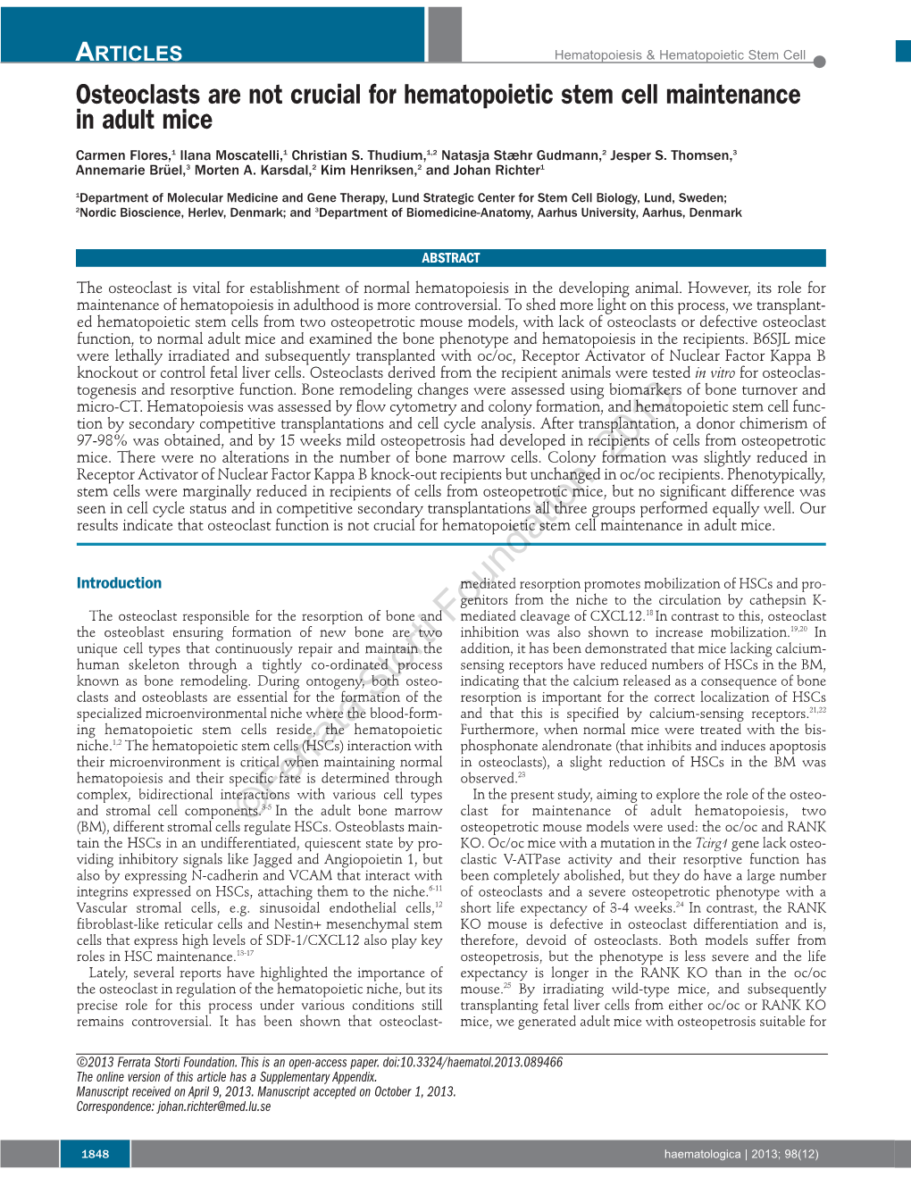 Osteoclasts Are Not Crucial for Hematopoietic Stem Cell Maintenance in Adult Mice