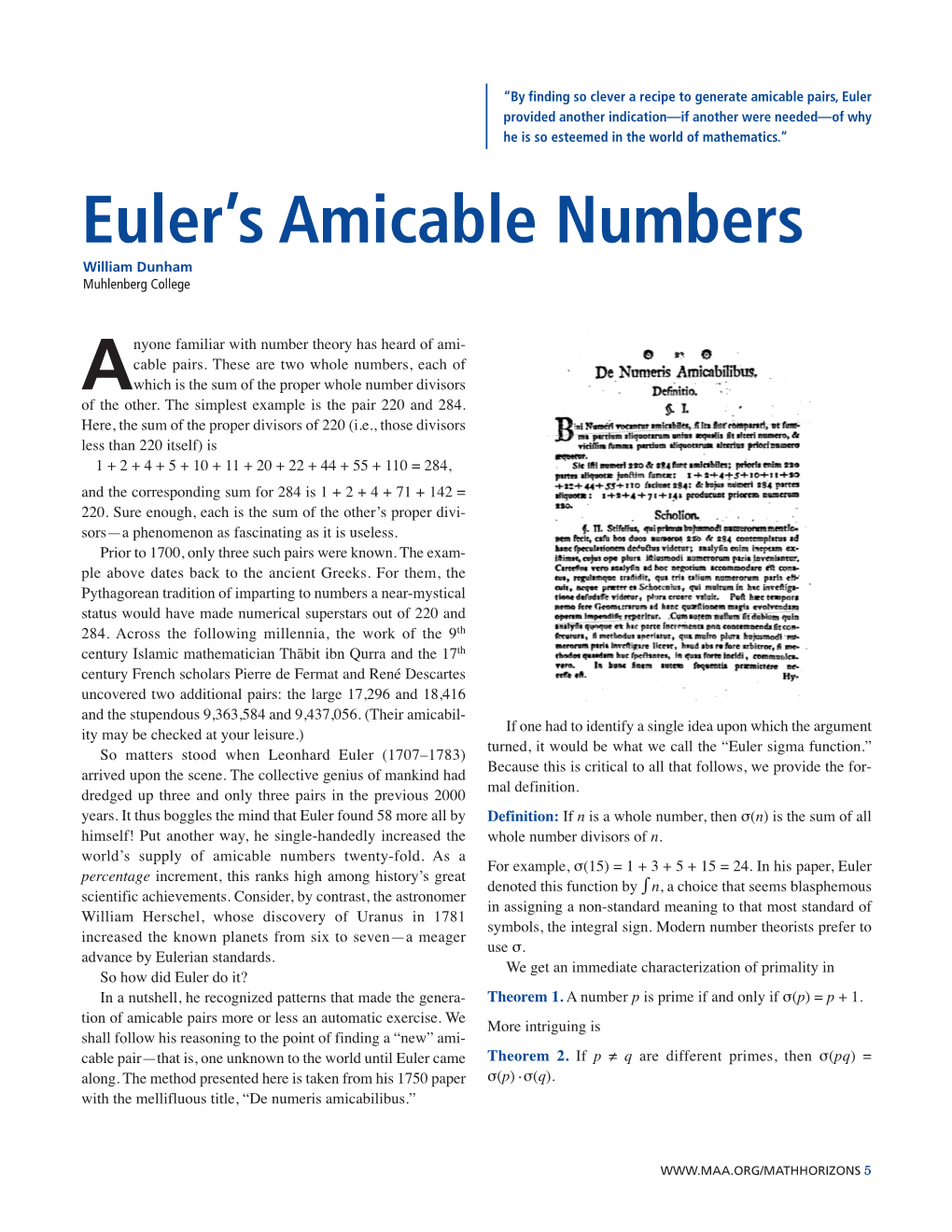 Euler's Amicable Numbers