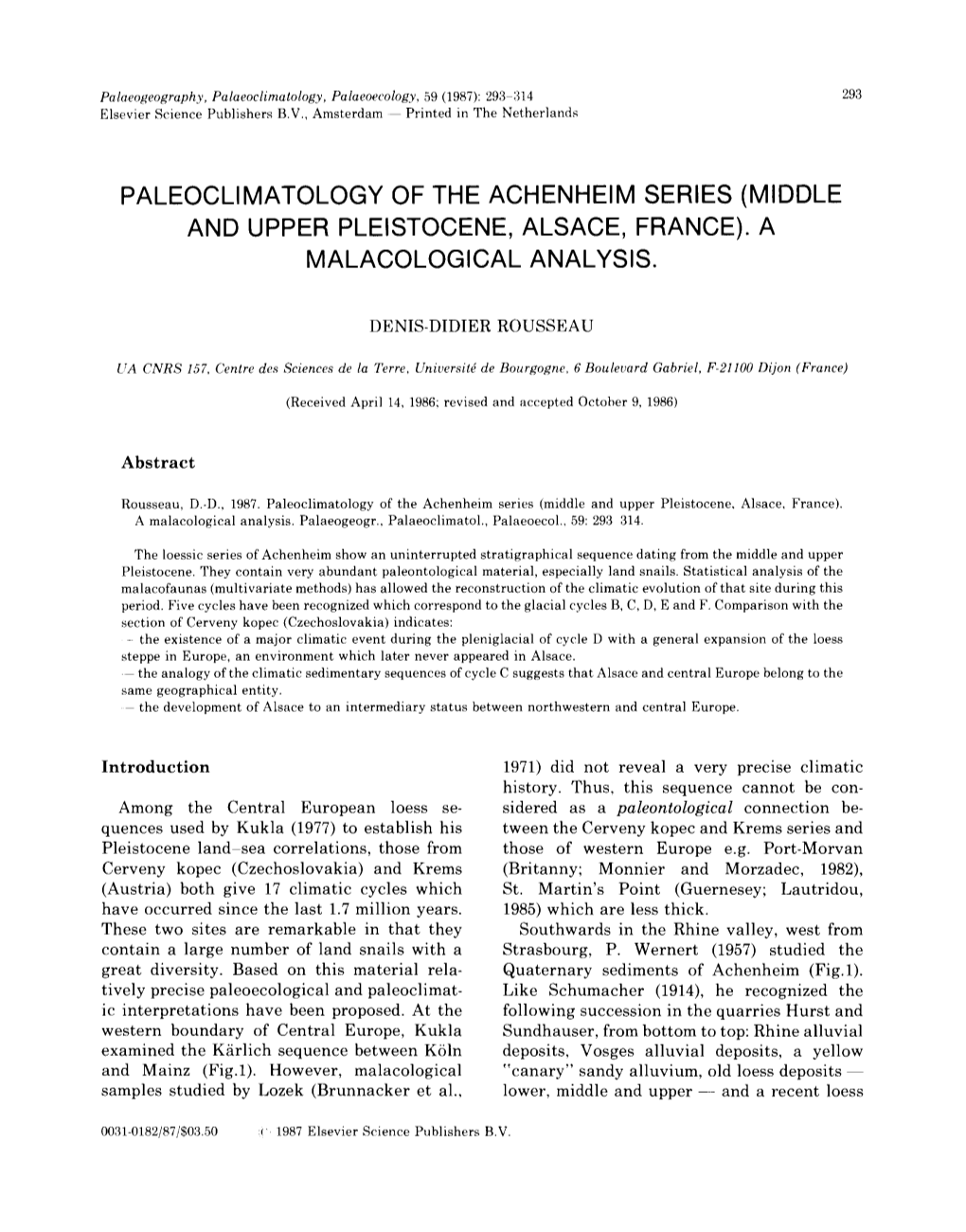 Paleoclimatology of the Achenheim Series (Middle and Upper Pleistocene, Alsace, France). a Malacological Analysis