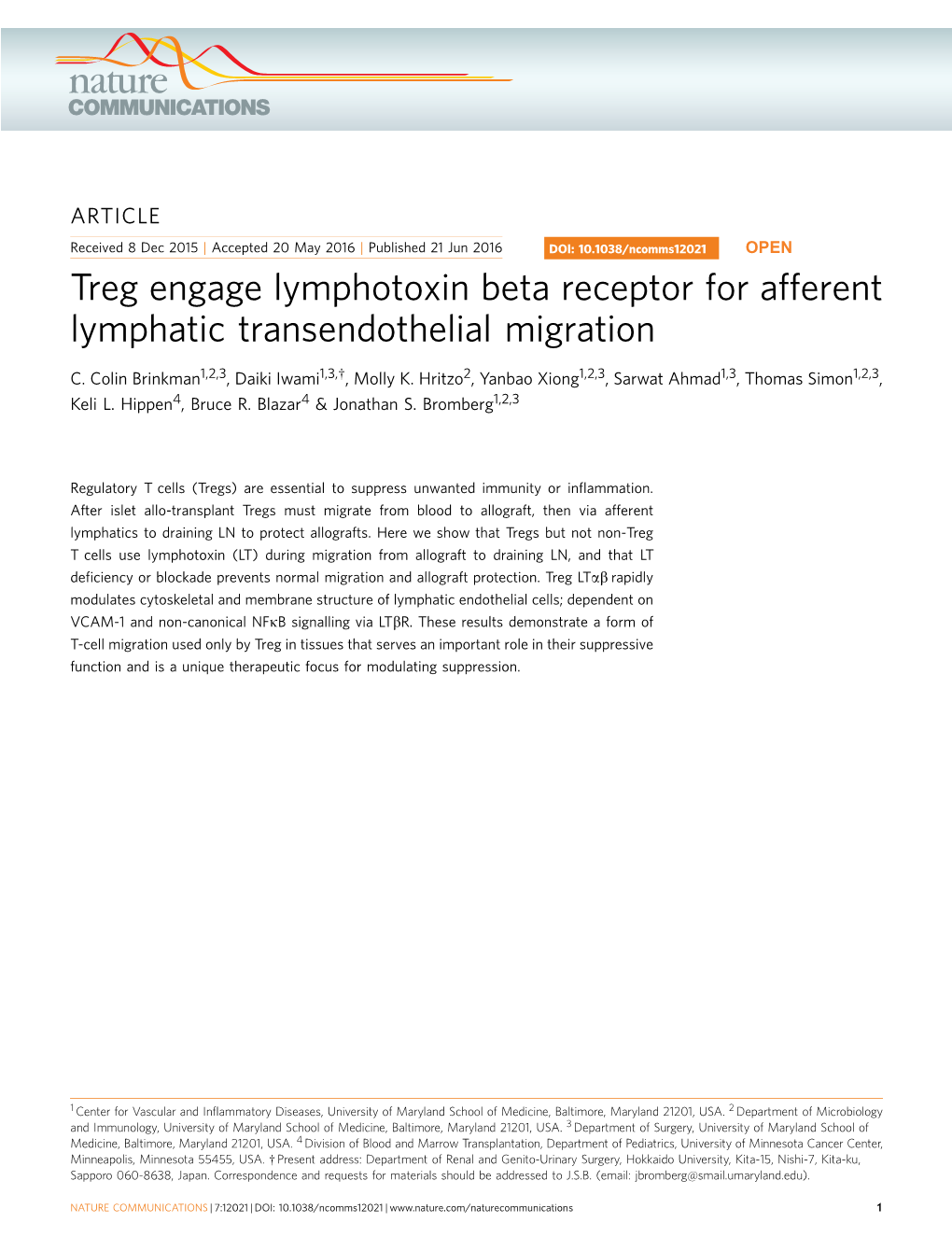 Treg Engage Lymphotoxin Beta Receptor for Afferent Lymphatic Transendothelial Migration