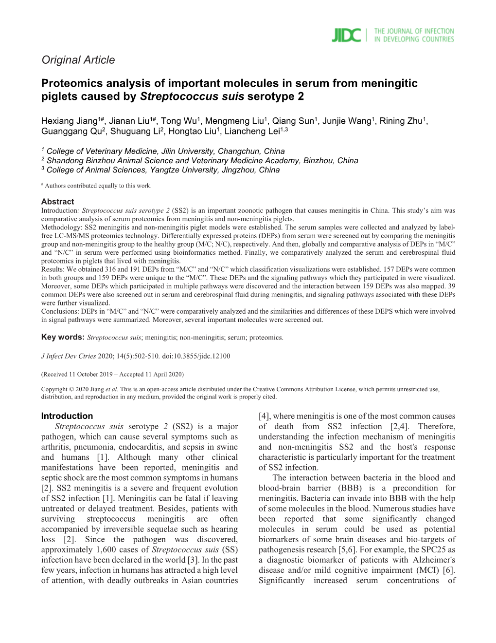 Proteomics Analysis of Important Molecules in Serum from Meningitic Piglets Caused by Streptococcus Suis Serotype 2