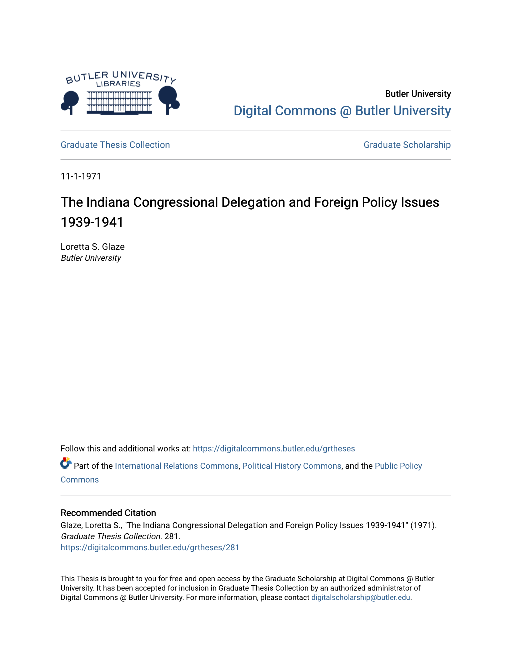 The Indiana Congressional Delegation and Foreign Policy Issues 1939-1941