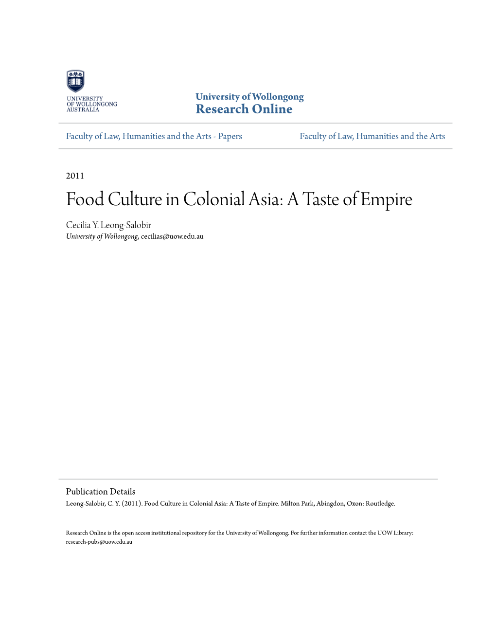 Food Culture in Colonial Asia: a Taste of Empire Cecilia Y