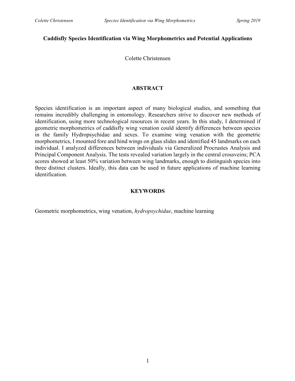 1 Caddisfly Species Identification Via Wing Morphometrics and Potential