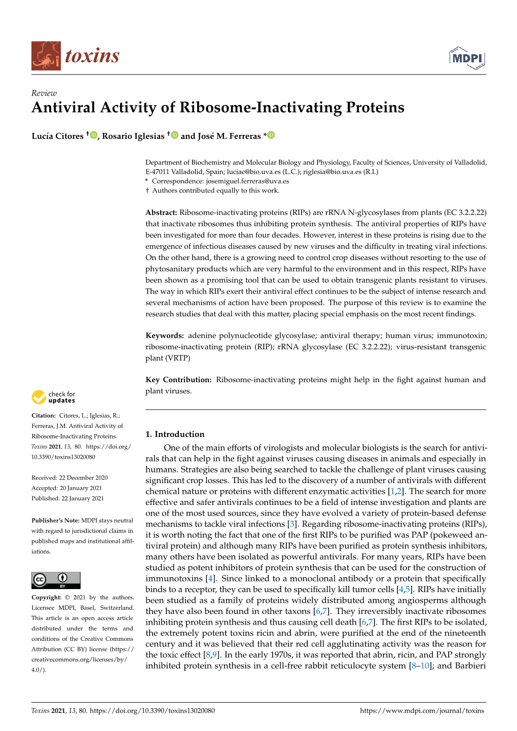 Antiviral Activity of Ribosome-Inactivating Proteins