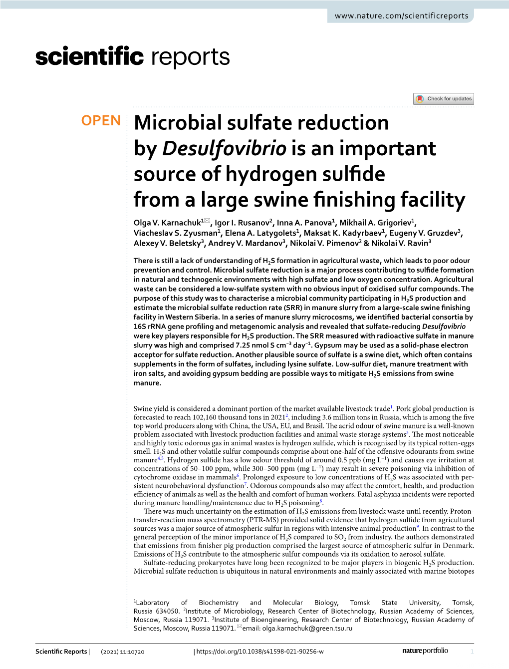 Microbial Sulfate Reduction by Desulfovibrio Is an Important Source of Hydrogen Sulfde from a Large Swine Fnishing Facility Olga V