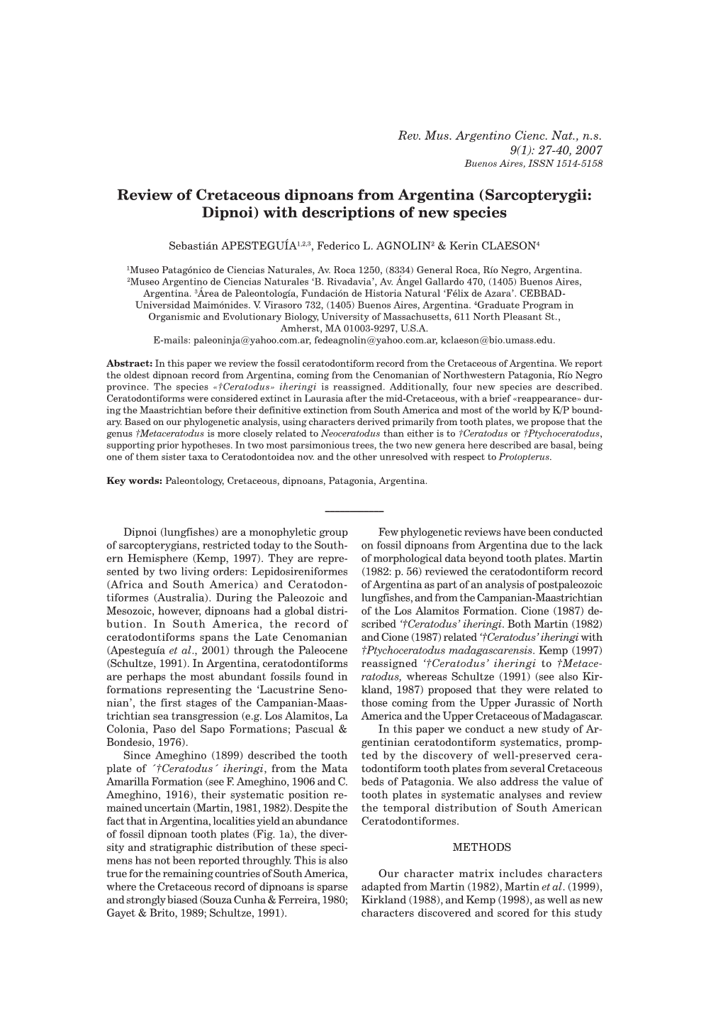 Review of Cretaceous Dipnoans from Argentina (Sarcopterygii: Dipnoi) with Descriptions of New Species