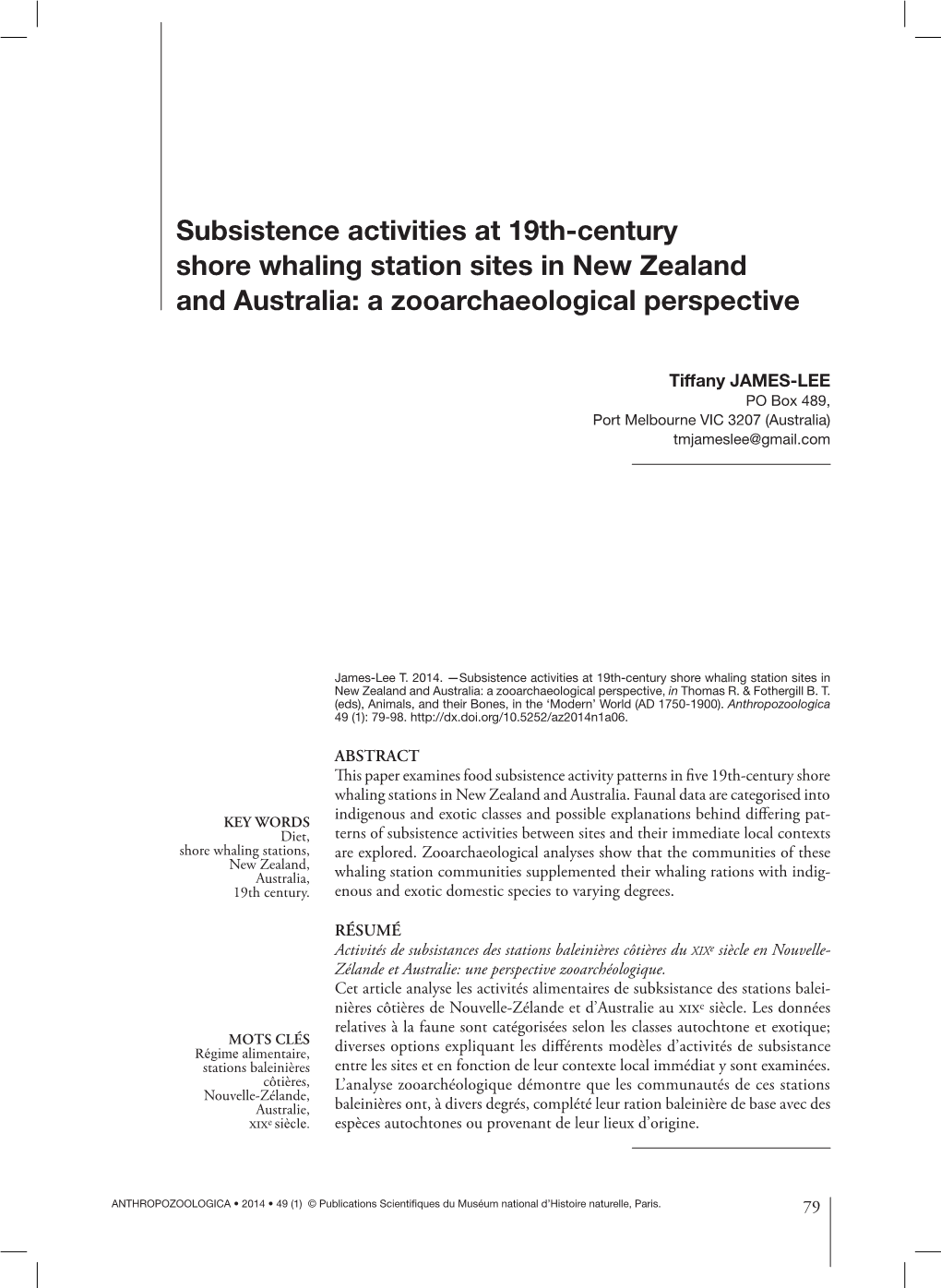 Subsistence Activities at 19Th-Century Shore Whaling Station Sites in New Zealand and Australia: a Zooarchaeological Perspective