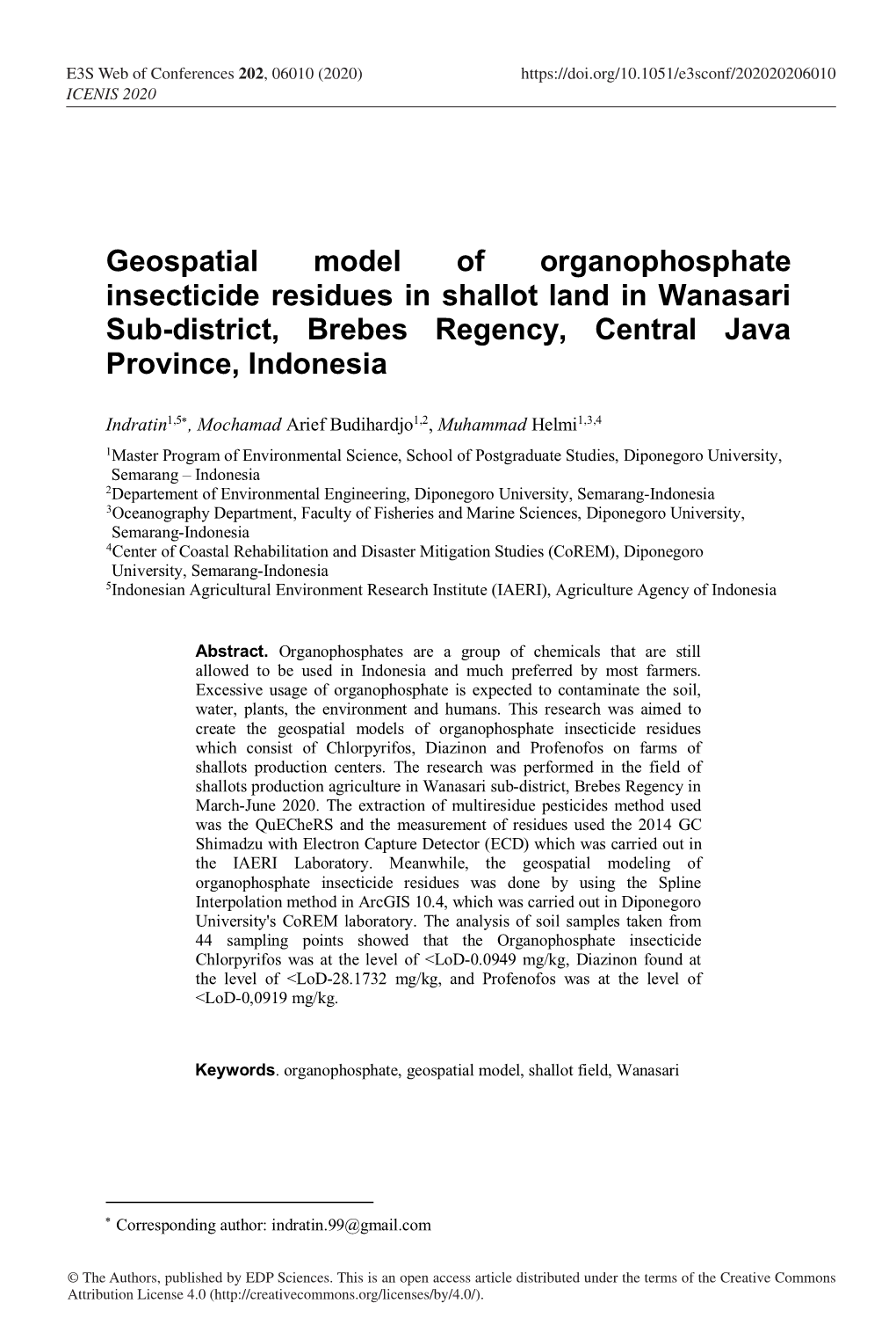 Geospatial Model of Organophosphate Insecticide Residues in Shallot Land in Wanasari Sub-District, Brebes Regency, Central Java Province, Indonesia