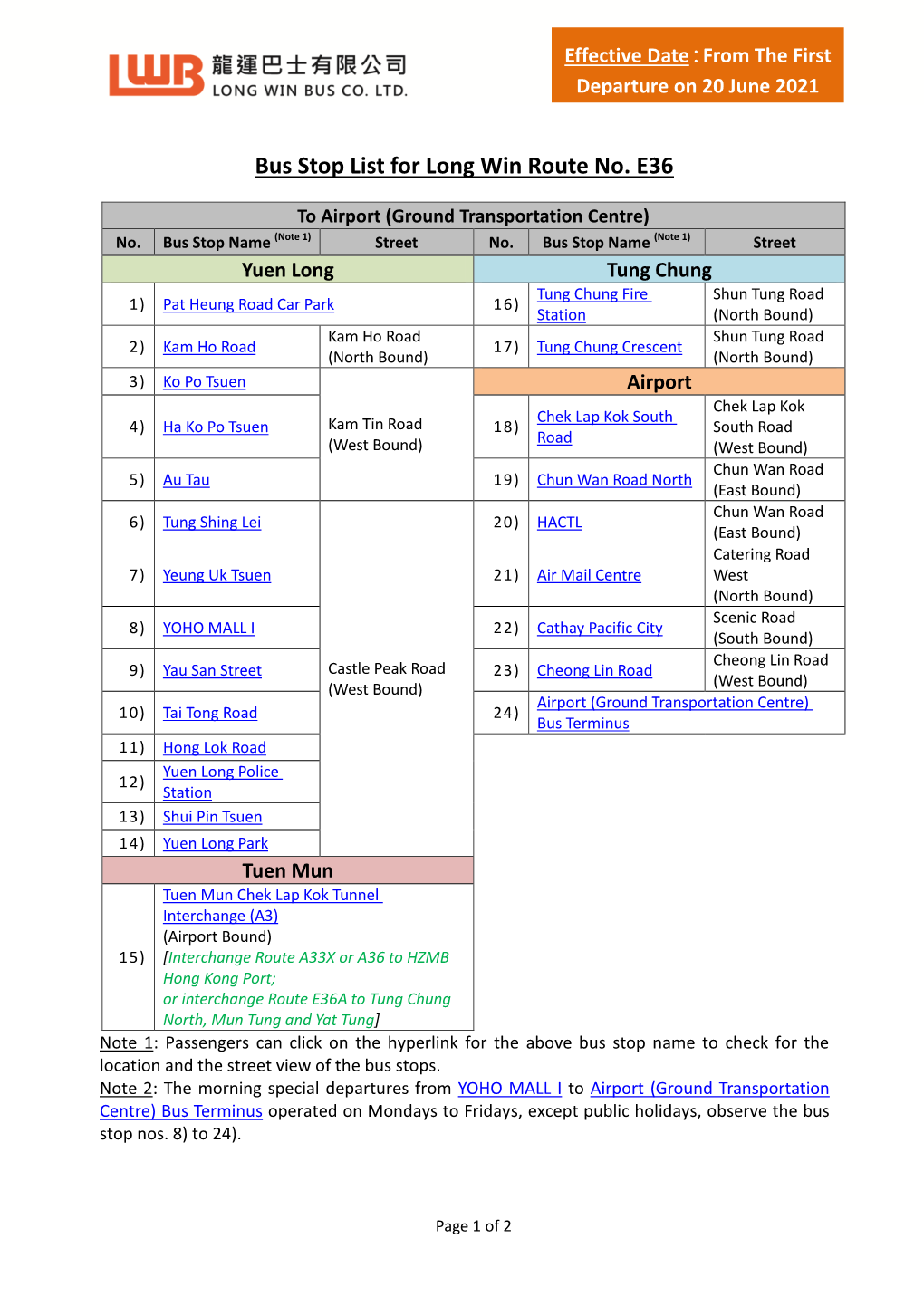 Bus Stop List for Long Win Route No. E36