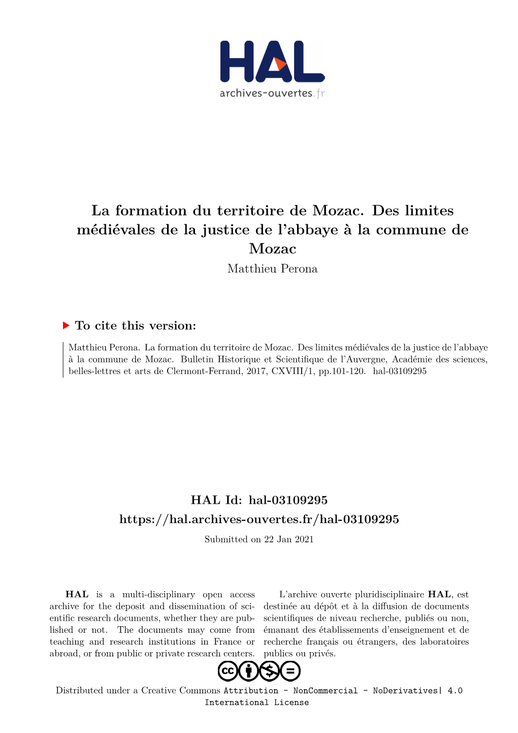 La Formation Du Territoire De Mozac. Des Limites Médiévales De La Justice De L’Abbaye À La Commune De Mozac Matthieu Perona