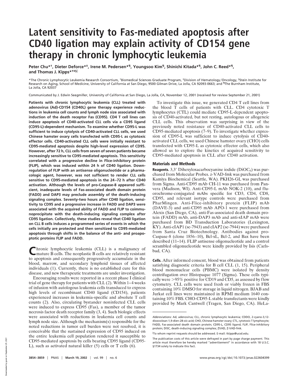 Latent Sensitivity to Fas-Mediated Apoptosis After CD40 Ligation May Explain Activity of CD154 Gene Therapy in Chronic Lymphocytic Leukemia