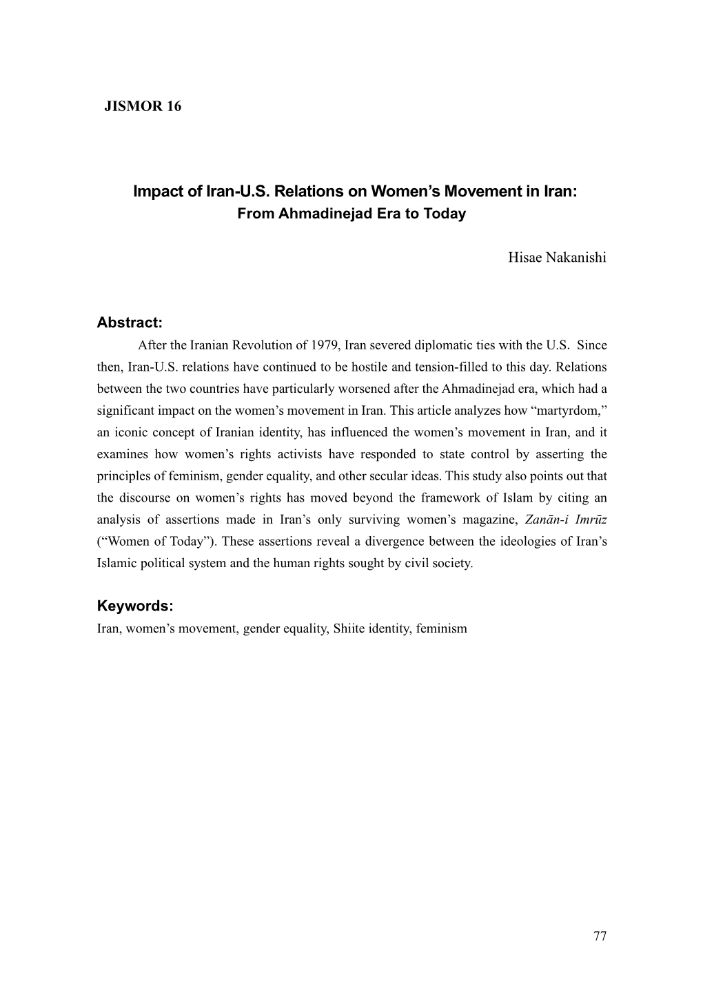 Impact of Iran-U.S. Relations on Women's Movement in Iran