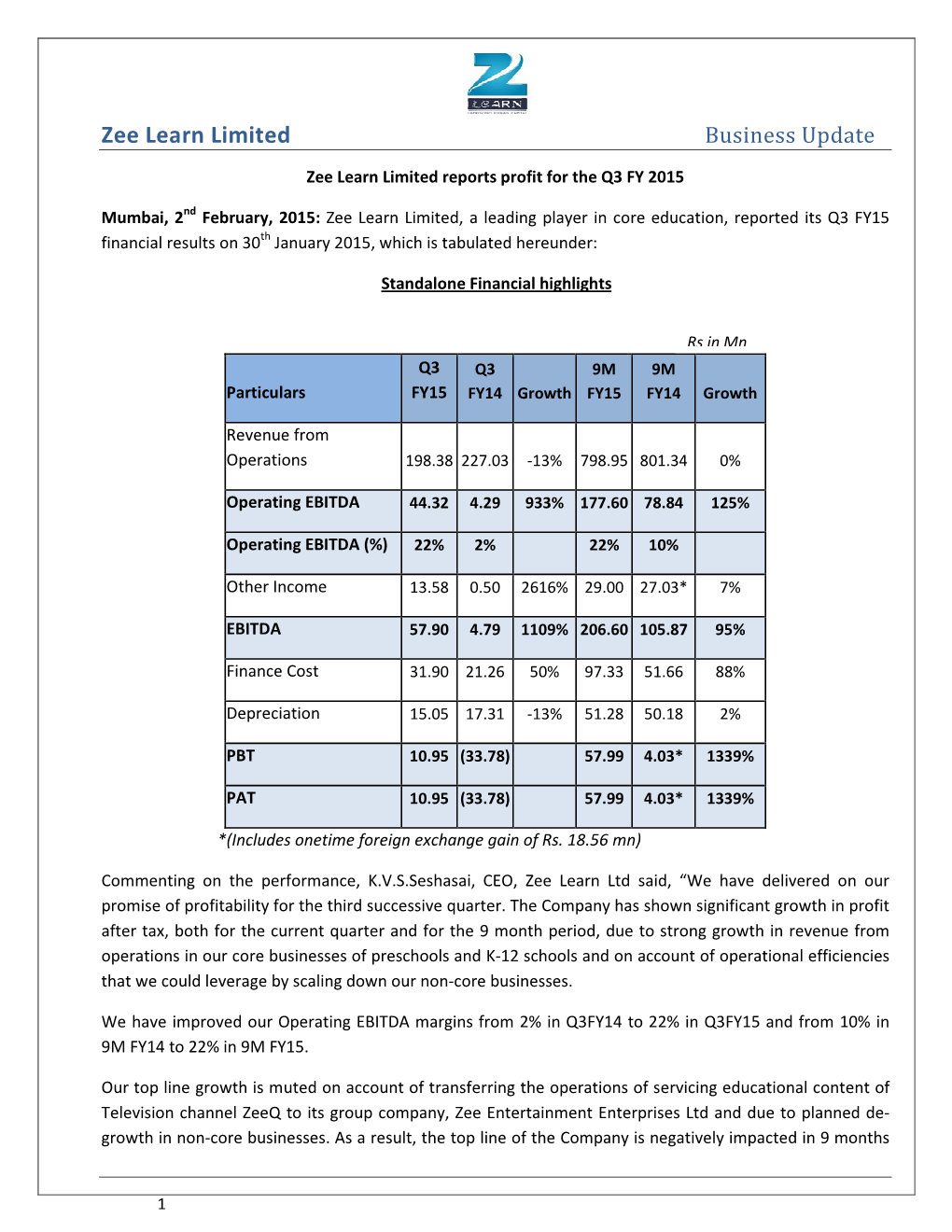 Zee Learn Limited Business Update