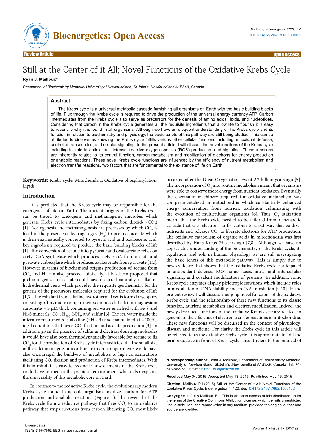 Novel Functions of the Oxidative Krebs Cycle Ryan J