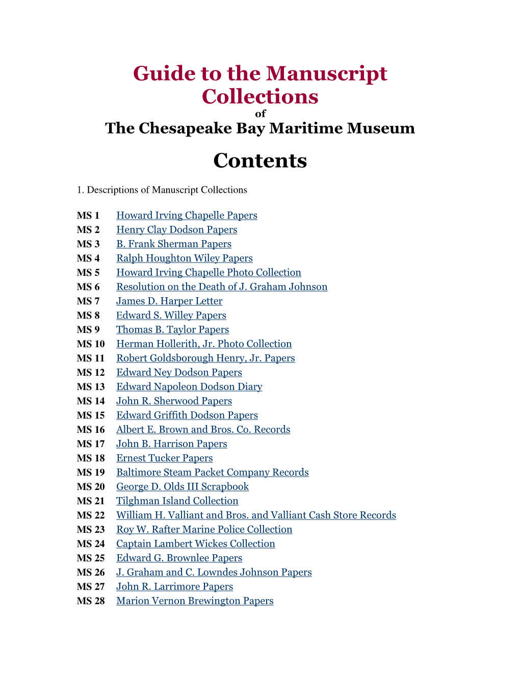 Guide to the Manuscript Collections Contents
